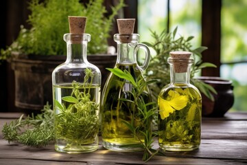 Obraz na płótnie Canvas herb-infused oil bottles with fresh plants