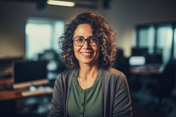 Portrait of middle aged mulri ethic female confident computer programmer at office. Generated Ai