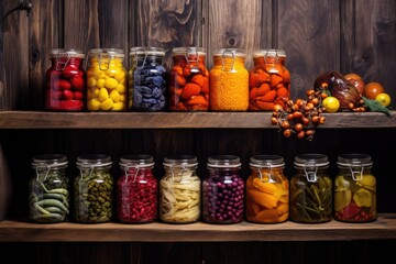 jars filled with colorful preserved fruits on a rustic wooden shelf