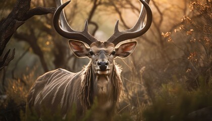Photo of a majestic greater kudu with impressive antlers in a serene forest setting