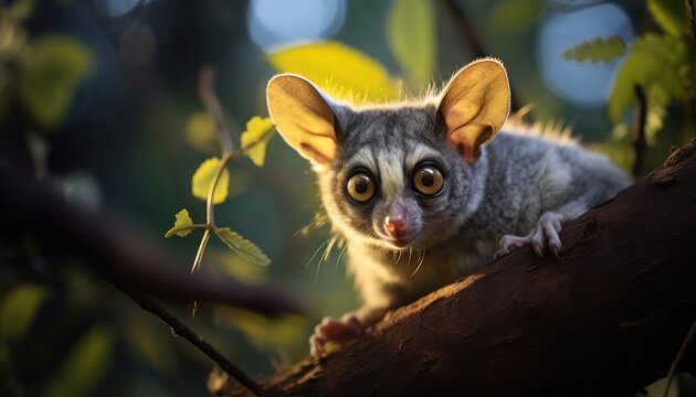Photo of a cute galago bushbaby perched on a tree branch