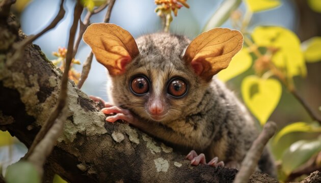 Photo of a cute galago bushbaby perched on a tree branch