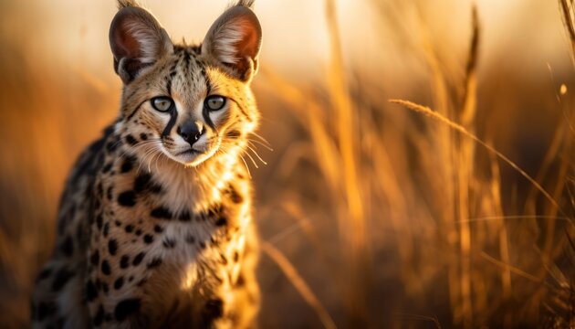 Photo of a majestic serval cat standing tall in a field of golden grass