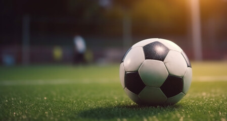 Fototapeta premium Closeup of football on green field in the evening on the background of blurred stands, ball for football, generative ai