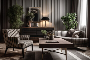 Interior of modern living room with accent coffee table and soft chair, room and furniture in a striped style, generated ai