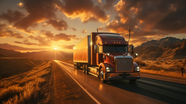 Big american truck on the highway with beautiful sunset in the background.