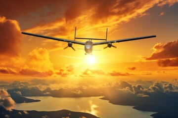 Fototapeta na wymiar solar-powered plane taking off with sun in background