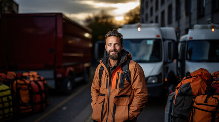 Fototapeta premium Portrait of a bearded man worker standing in front of a delivery truck.