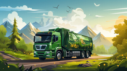Green eco garbage truck on the road in the mountains. Vector illustration in cartoon style.