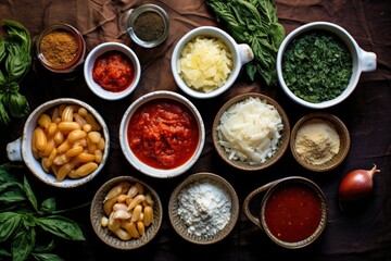 overhead view of various ingredients for pasta sauce in small bowls