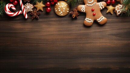 Gingerbread man and candy Cane on wooden table blank space
