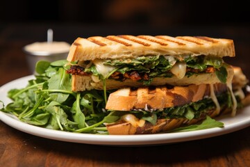 grilled panini with melting cheese and greens