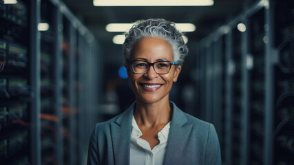 Senior Multi Racial woman, programmer. Portrait of an It specialist in the modern server room of a large IT company. The elderly lady is gaining a new profession. Ai generated
