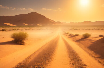 Fototapeta na wymiar Sunlit Desert Road under Scorching Sky