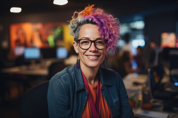 Obraz premium A charming, smiling middle-aged woman specialist in the programming of front designer department of a large IT company. Generated Ai