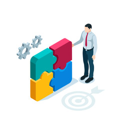 isometry a man puts together a puzzle in color on a white background, a successful business decision or doing a job