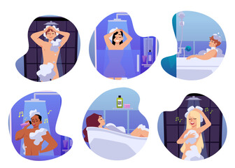 Set of happy people taking shower and bath flat style