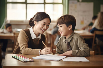 Portrait of smiling female teacher helping boy to do homework in classroom