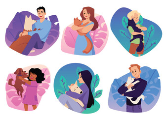 Set of children and adults hugging cats and dogs flat style