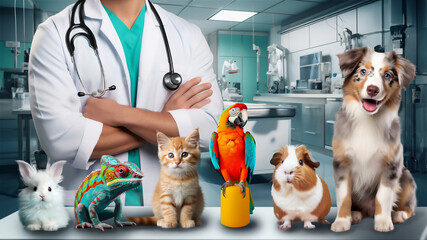 young vet in veterinary clinic, various animals are waiting for a visit in a modern, well-equipped veterinary office