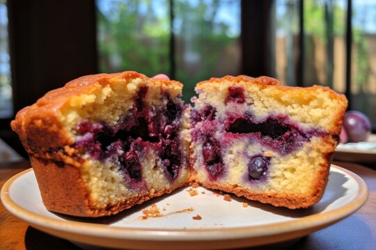 Blueberry Muffin Cut In Half, Revealing Juicy Interior