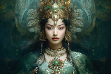Beautiful woman Green Tara on green background. AI Generative