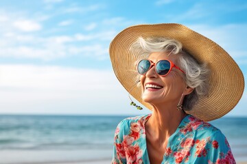 Fototapeta premium Happy old woman wearing a sun hat at the beach.