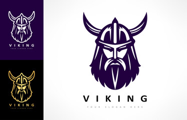 Viking and anchor logo. Scandinavian sailors symbol. Nordic warrior design. Horned Norseman symbol. Barbarian man head icon with horn helmet and beard.