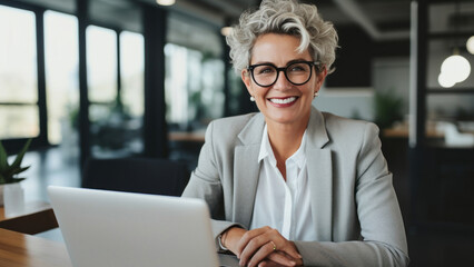 A fulfilled middle-aged multi ethnic woman stands in the center of a modern office. A specialist female programmer with a laptop in her hand stands and smiles at the camera. Generated Ai
