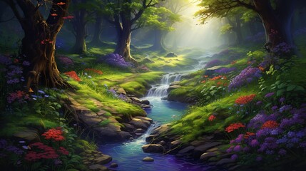  a painting of a stream running through a lush green forest.  generative ai