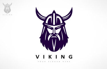 Viking and anchor logo. Scandinavian sailors symbol. Nordic warrior design. Horned Norseman symbol. Barbarian man head icon with horn helmet and beard.