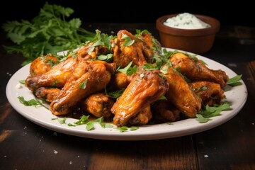 buffalo wings garnished with fresh herbs on plate