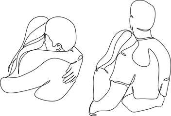 Portrait of happy couple in continuous line art drawing style. Man in love put his arms around girlfriend. Love and friendship black linear sketch isolated on white background. Vector illustration