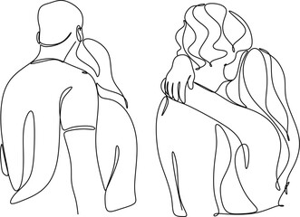 Portrait of happy couple in continuous line art drawing style. Man in love put his arms around girlfriend. Love and friendship black linear sketch isolated on white background. Vector illustration