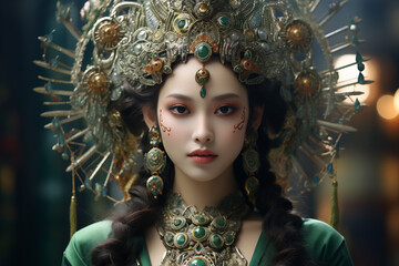 Beautiful woman Green Tara on green background. AI Generative