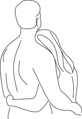 Portrait of happy couple in continuous line art drawing style. Man in love put his arms around girlfriend. Love and friendship black linear sketch isolated on white background. Vector illustration