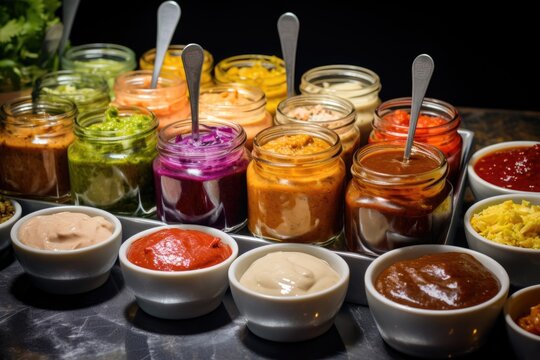 variety of sauces and condiments for burger customization