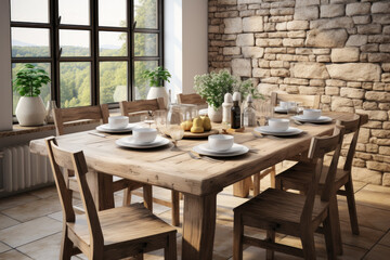 Fototapeta na wymiar Rustic Scandinavian style dining room, wooden table and chairs by the windows. Generative AI