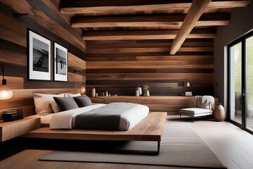 Modern bedroom with a rustic interior design, generated using AI.