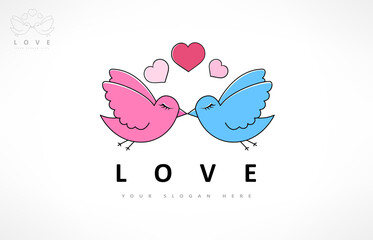 Kiss of love birds with hearts logo vector