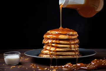 caramel sauce pouring over a stack of pancakes