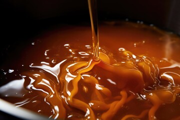 close-up of bubbling caramel in saucepan - obrazy, fototapety, plakaty