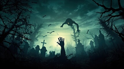 Zombie emerging from graveyard on dark night