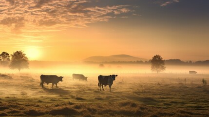 Cows grazing in a meadow with dew covered grass and morning fog with a hazy sunrise in the background