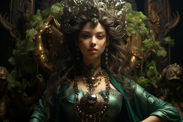 Beautiful woman Green Tara on green background. AI Generative - obrazy, fototapety, plakaty