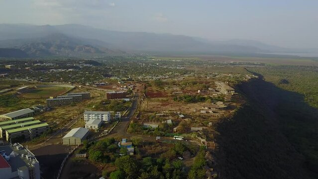 Aerial view of the bridge of god and lake chamo and town Arba minch Ethiopia