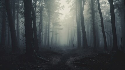 Obraz premium Spooky misty forest on a cold foggy morning