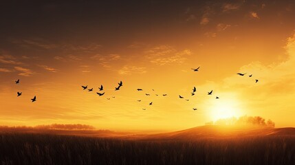 Silhouette cross and birds flying in autumn sunrise meadow background of thanks giving concept - obrazy, fototapety, plakaty