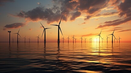 Offshore wind turbines at sunset - obrazy, fototapety, plakaty