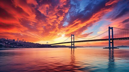 Naklejka na ściany i meble Gorgeous sunrise scenery in Istanbul with colorful clouds Istanbul s Bosphorus Bridge 15 July Martyrs Bridge